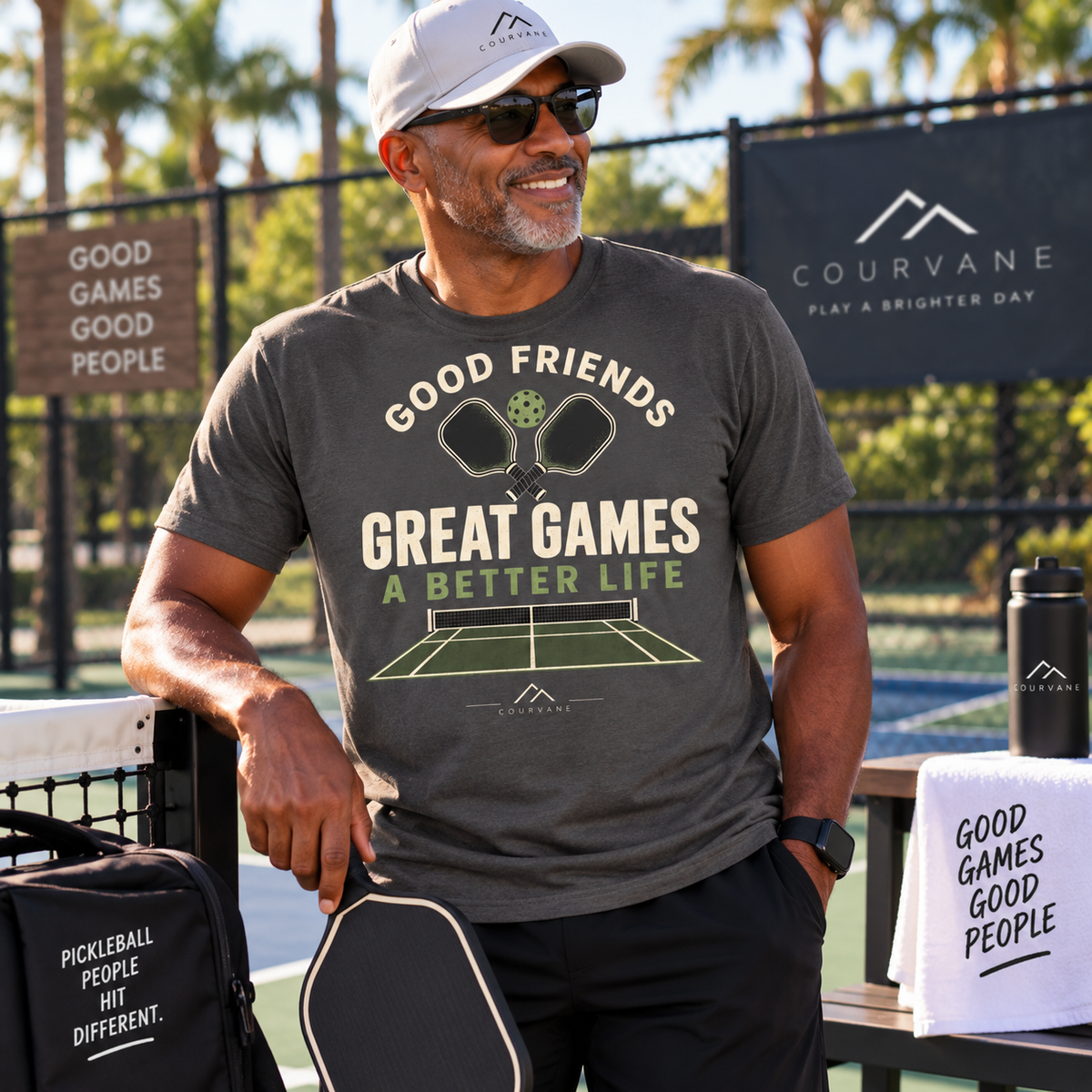 Pickleball T-Shirt — "Good Friends, Great Games, A Better Life"